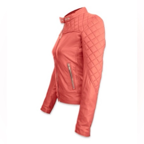 NWT [Leather Skin] Quilted 100% Genuine Leather Moto Jacket in Pink Women’s L - Picture 4 of 15